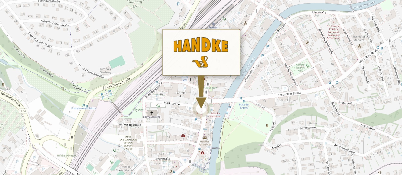 Karte: Handke — Juwelier und Goldschmiede, Am Markt 1 in Freital bei Dresden